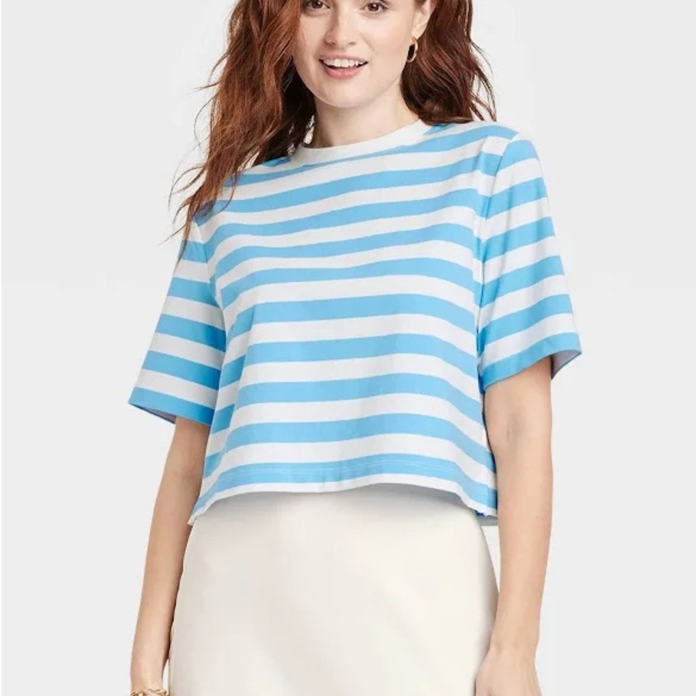 a new day Sky Blue & White Striped Boxy Crop Tee - Size L